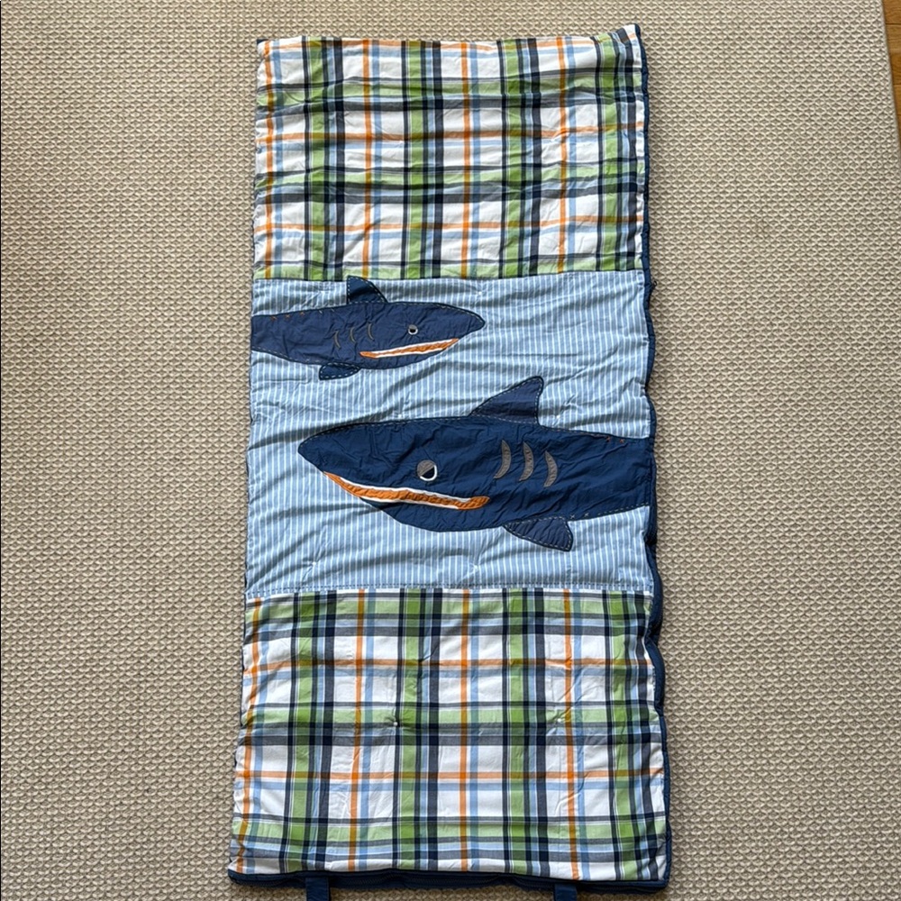 SOLD Pottery Barn Kids Sharks Toddler Sleeping Bag Blue Plaid Striped 2 Avail